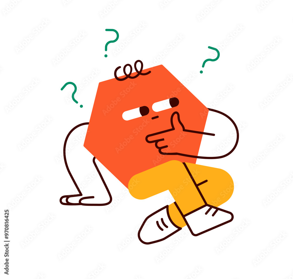 Poster geometric character, funny hexagon shape with puzzled expression. bewildered geometry figure, wonder