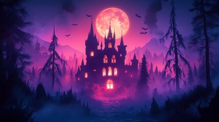 A mystical castle under a full moon, surrounded by dark trees and bats.