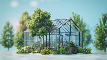 Greenhouse in the garden cube shape. Compact long greenhouse for growing flowers, vegetables, seedlings of various plants. Gardening. Beautiful glass building house in the yard. generative AI Content.