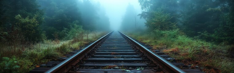 Fototapeta premium Mysterious Train Tracks Through Misty Forest