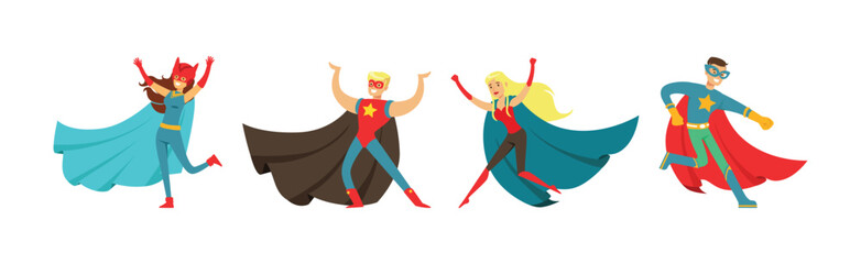 Man and Woman Superhero Character in Mask and Cloak Vector Set
