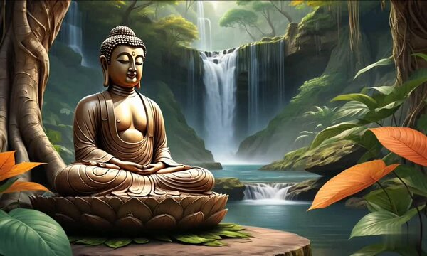  A close-up video of the golden statue of Lord Buddha in an environment surrounded by a beautiful flowing waterfall= AI generated video