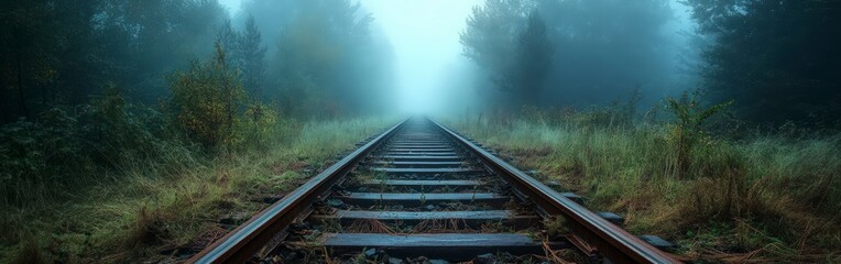 Fototapeta premium Mysterious Train Tracks Through Misty Forest