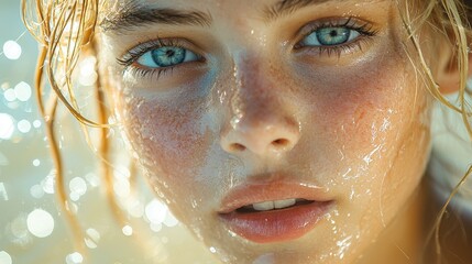 Fototapeta premium A close-up of a young girlâ€™s face as she concentrates on her surfing technique, with the sparkling ocean and waves behind her
