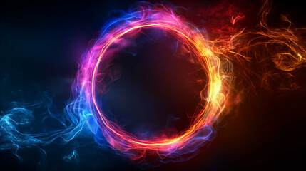 Vibrant neon flame circle with blue and orange colors on a black background. Generative AI