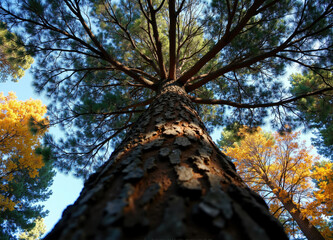 Fototapeta premium Majestic Tree with Vibrant Autumn Foliage Viewed from Below in a Sunlit Forest - Captivating Fall Colors, Nature, and Landscape Photography