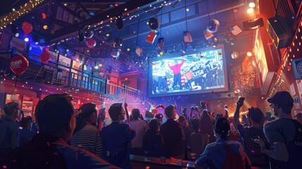 A dynamic scene of an election night watch party in the USA, with a large screen displaying live results. The room is filled with people wearing campaign merchandise, cheering and holding signs. 