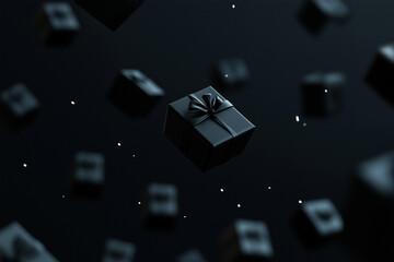 Black Friday banner with black gift boxes. Premium concept in dark background. 