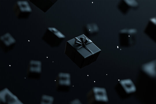Black Friday banner with black gift boxes. Premium concept in dark background. 