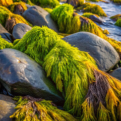 Close-up of vibrant green seaweed on wet rocks by the shore, natural coastal setting, copy space