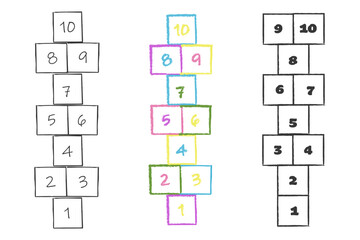Hopscotch chalk doodle drawing, street Jumping game kids activity. Hop scotch with numbers. Summer outdoor fun. 