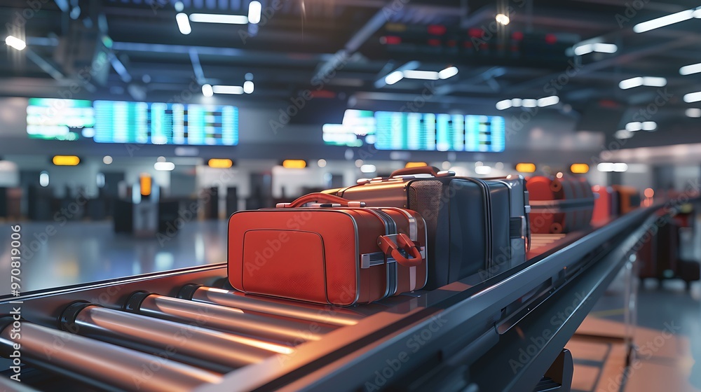 Poster a dynamic 3d-rendered image of suitcases being loaded onto a conveyor belt with airport check-in cou