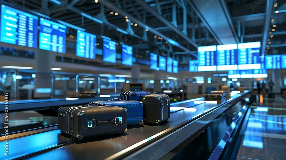 Poster a dynamic 3d-rendered image of suitcases being loaded onto a conveyor belt with airport check-in cou