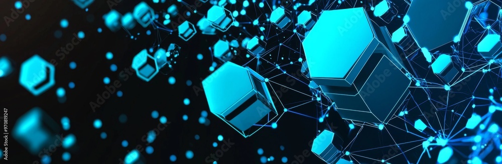 Poster an abstract hexagon pattern on a black background. presentation template for communication technolog