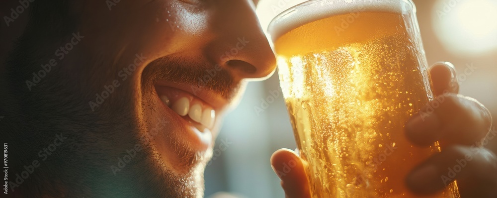 Poster close-up of a happy man holding a glass of beer in hand, smiling joyfully at the camera with a backg