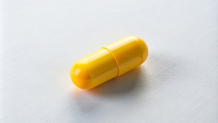 A single yellow pill capsule sits alone on a pristine white table top, its shape and color stark