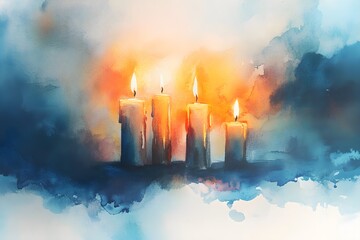 Fototapeta premium A painting of four candles with a blue background