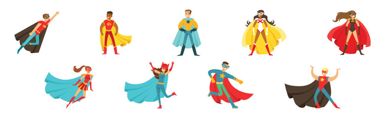 Man and Woman Superhero Character in Mask and Cloak Vector Set