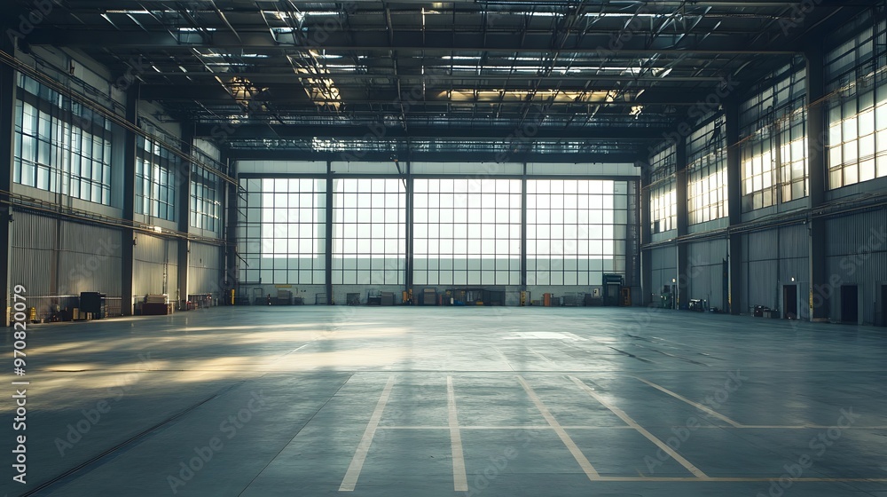Poster a large empty warehouse with a lot of windows. the windows let in a lot of light, making the space f