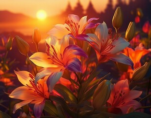 Beautiful lily flowers and rain, light in the morning