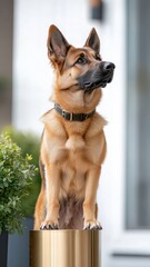 Obraz premium A German Shepherd standing proudly on a chrome, golden podium with exquisite detailing.