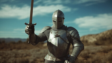 Rycerz w lśniącej zbroi stoi na straży, unosząc miecz ponad głową. Jego błyszczące uzbrojenie i zdecydowany gest świadczą o sile i honorze.
