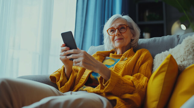 Starsza kobieta relaksuje się na sofie, korzystając ze smartfona do rozmowy online. 