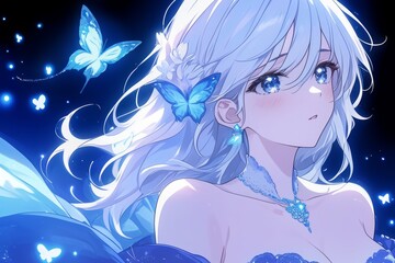Enchanting Nightscape: Ethereal Beauty Surrounded by Blue Butterflies