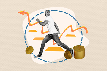 Obraz premium Creative picture collage young man walk trader successful investor golden coins stack rich startup strategy growth improvements