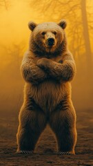 Obraz premium Soft gradient background, a bear in a striking pose with an ethereal ambiance in warm tones.