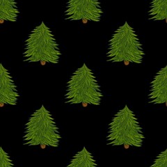 Seamless Christmas Tree Pattern with Black Background