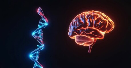 A Simple DNA String and Brain Animation on a Black Background, Highlighting the Connection Between Genetics, Neuroscience, and Cognitive Function - Powered by Adobe