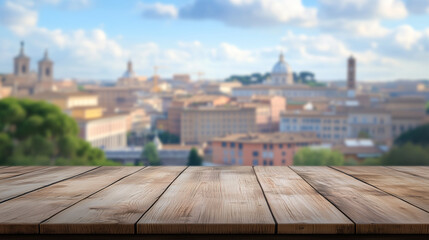 Pusty, drewniany stół na tle rozmytego krajobrazu rzymskich zabytków. Świetne tło dla wizualizacji produktów, wprowadzające elegancki, śródziemnomorski klimat.