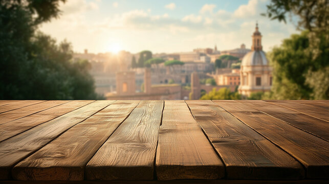 Pusty, drewniany stół na tle rozmytego krajobrazu rzymskich zabytków. Świetne tło dla wizualizacji produktów, wprowadzające elegancki, śródziemnomorski klimat.