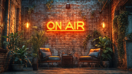 A room with a backdrop of a brick wall with a neon sign that says “On Air” and two chairs.