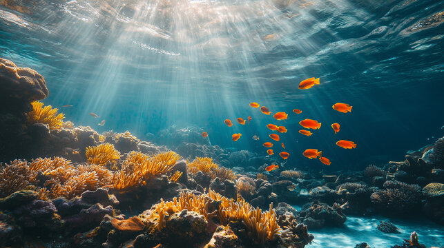 Kolorowe, tropikalne ryby przemierzają koralowy labirynt w błękitnych wodach oceanu. Piękno raf koralowych stanowi fascynujący widok.
