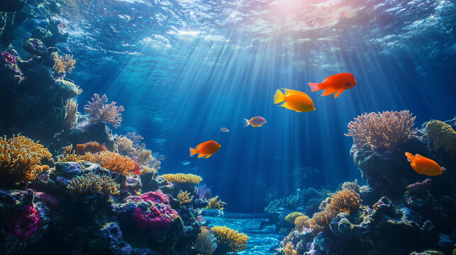 Kolorowe, tropikalne ryby przemierzają koralowy labirynt w błękitnych wodach oceanu. Piękno raf koralowych stanowi fascynujący widok.