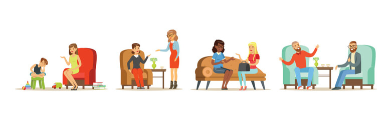 People Character Visit Psychologist Having Psychotherapy Vector Set