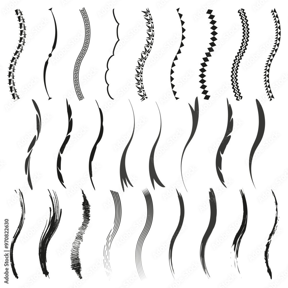 Poster decorative line brush set. various black strokes and patterns. curved and dynamic shapes. bold artis