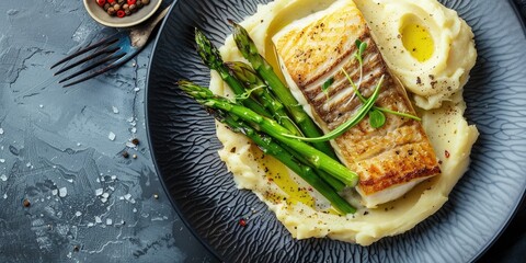 Top view of skrei cod fish filet served with green asparagus tips and mashed potato cream in parmesan olive oil sauce on a contemporary plate with copy space