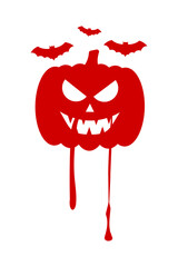 Vector illustration of Halloween red pumpkin with dripping blood drops and bats on transparent background