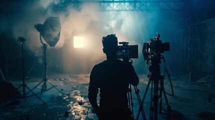 Fototapeta premium A man stands in front of a camera with a light behind him