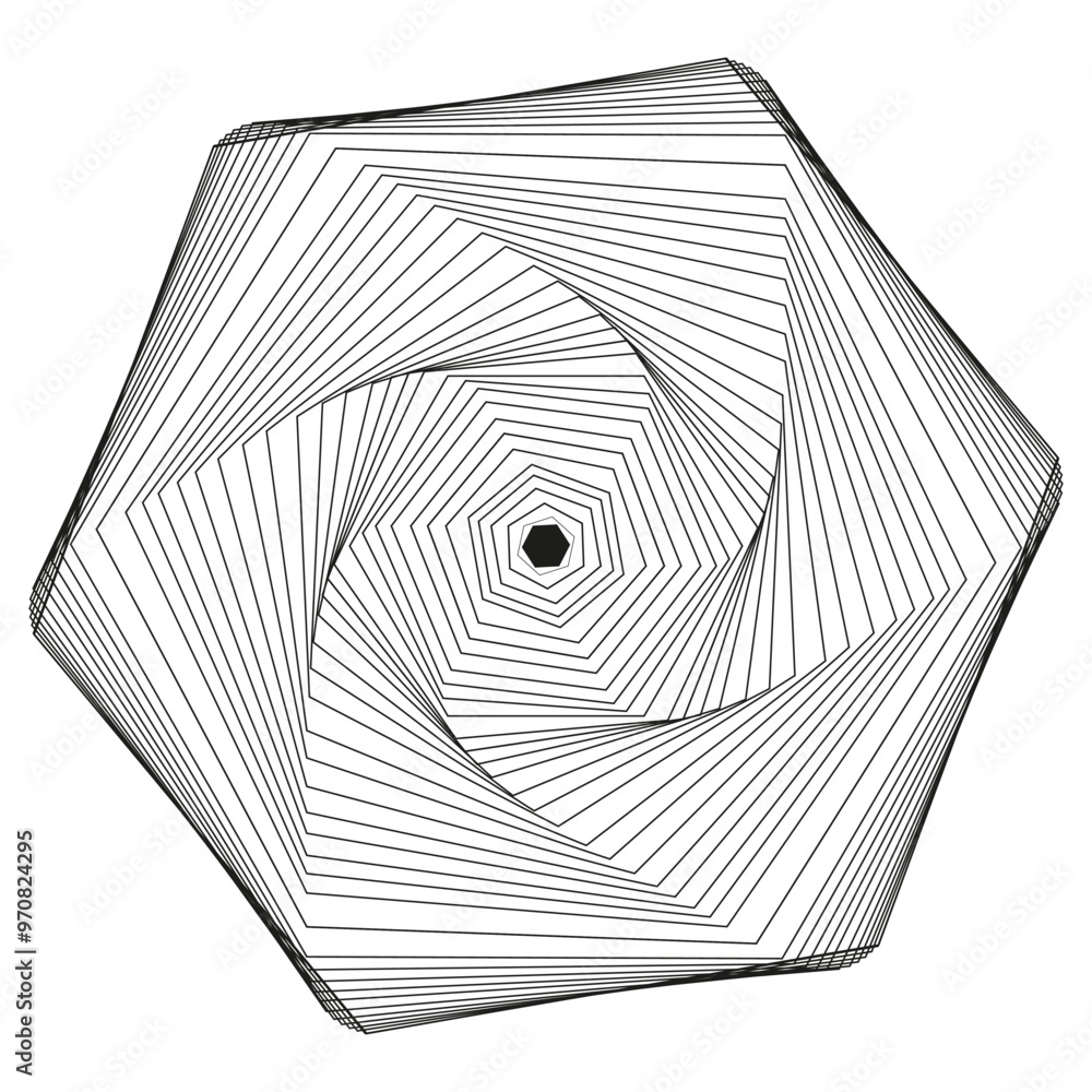 Poster abstract geometric spiral. rotating hexagonal lines. optical illusion shape. black and white vector.