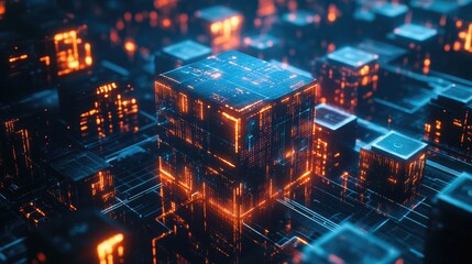 Obraz premium Abstract 3D illustration of a glowing orange cube with circuit board details, surrounded by other cubes and digital lines in a dark blue background.