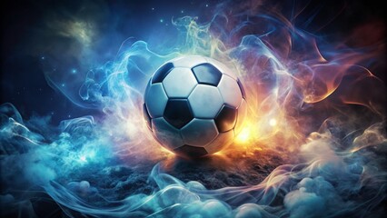 Naklejka premium A swirling vortex of smoke and light envelops a luminous football, its contours blurred as it's set adrift