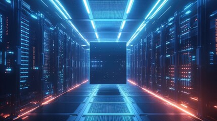 A futuristic server room with glowing blue and orange lights and a black cube in the center.