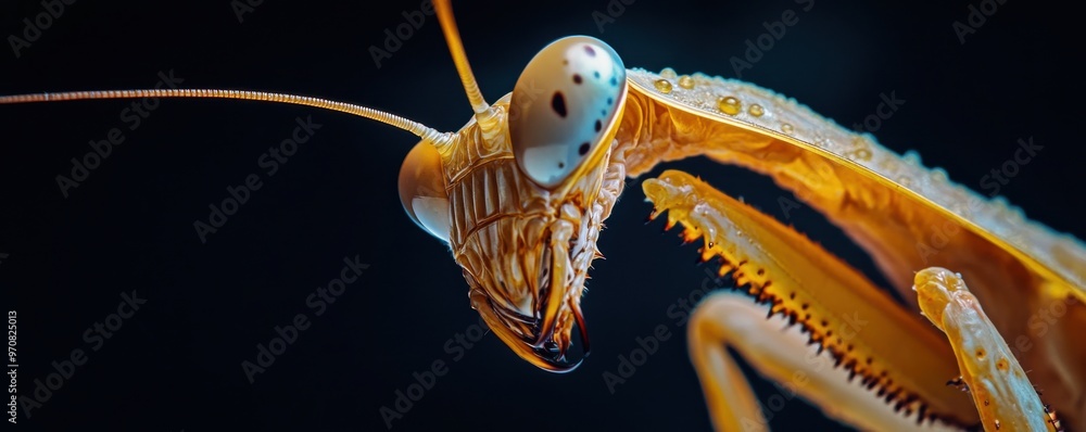 Poster close-up of a praying mantis showcasing its intricate raptorial claws and detailed texture, highligh