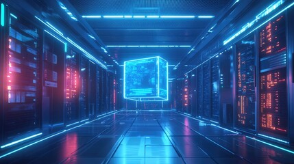 Futuristic server room with glowing blue cube in the center.