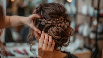 A woman is getting her hair braided into an intricate updo by a stylist, likely in preparation for a wedding. The womans hair is brown and wavy, and the stylist is carefully weaving the braid