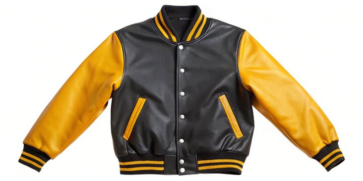 A timeless Black and yellow varsity letterman jacket boasts stylish leather sleeves and practical pockets, presented on